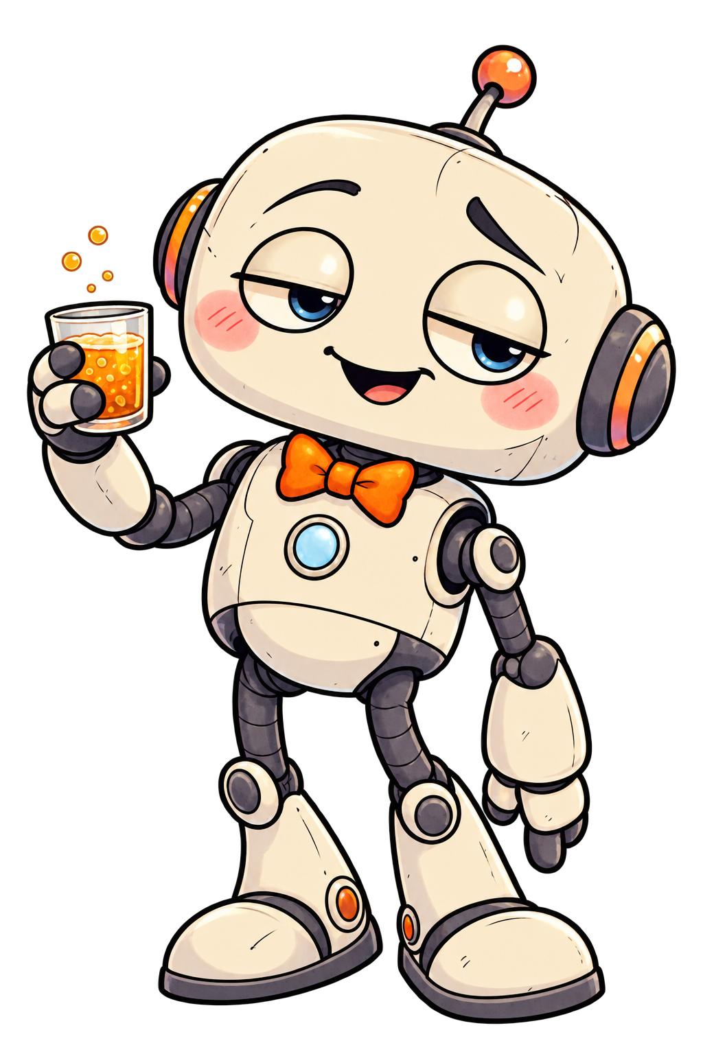 A slumped, tipsy-looking cartoon robot assistant